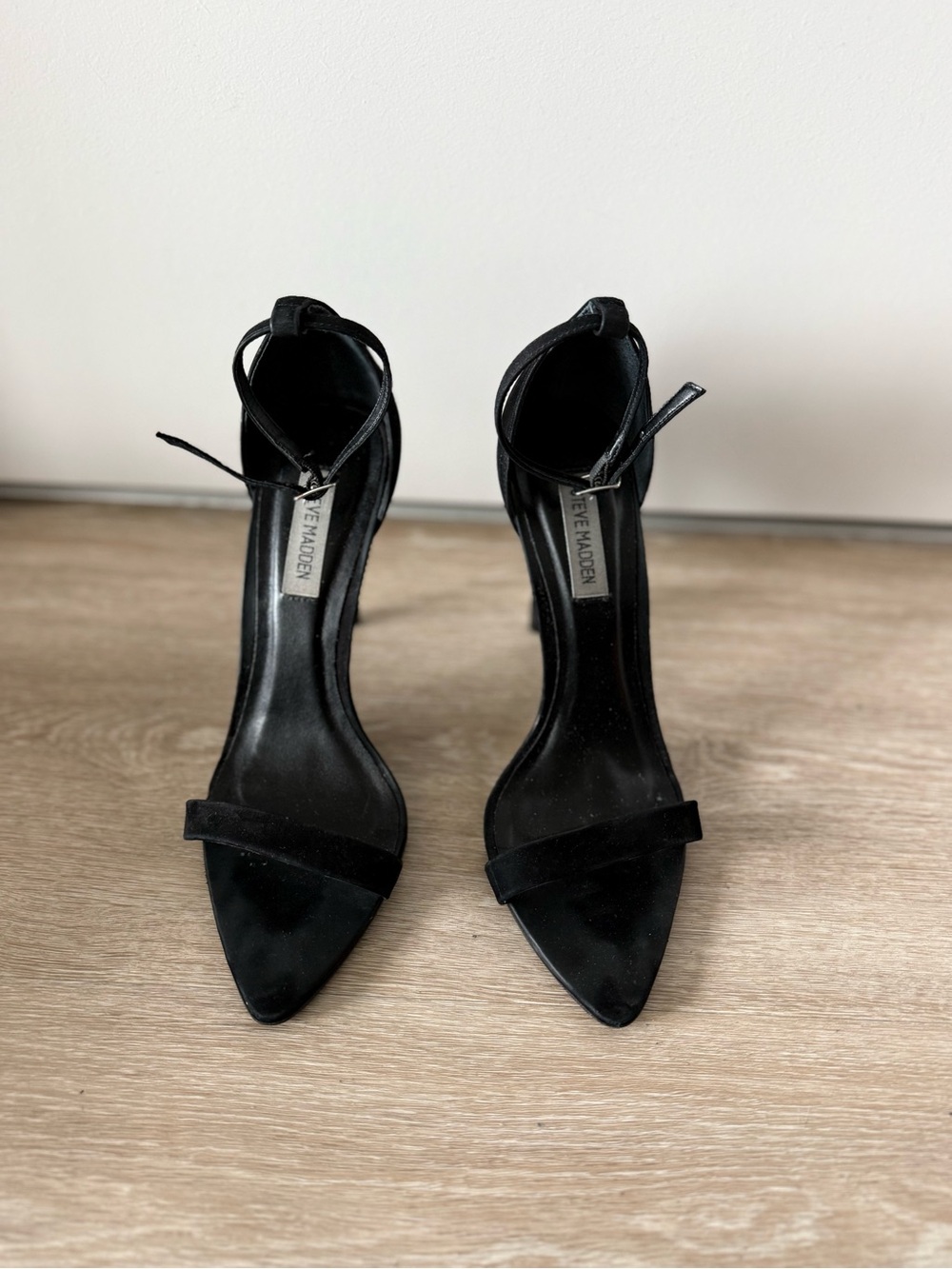 Steve Madden Black Pointed-Toe Ankle-Strap Heels